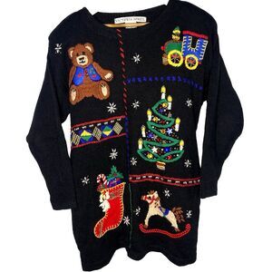 Vtg VICTORIA JONES Tunic Sweater Beaded Ugly Christmas Holiday Womens M Black